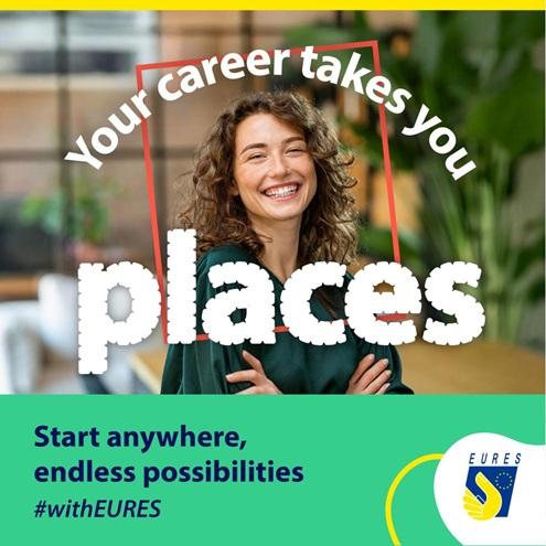 Grafika promocyjna projektu EURES dla osób młodych z hasłem „Your career takes you places” i „Start anywhere, endless possibilities”